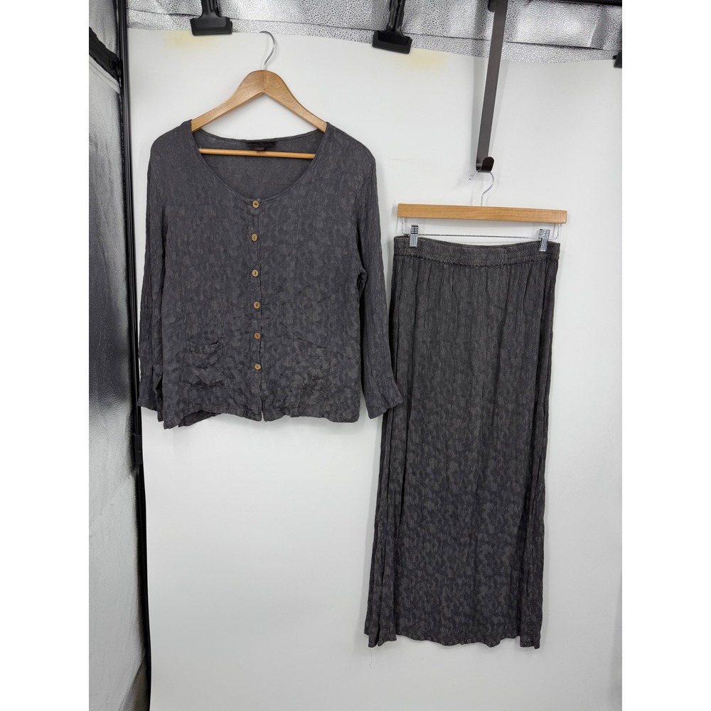 Sacred Threads Crinkle Rayon Skirt Set Women M/L Gray Boho Lagenlook 2 Piece
